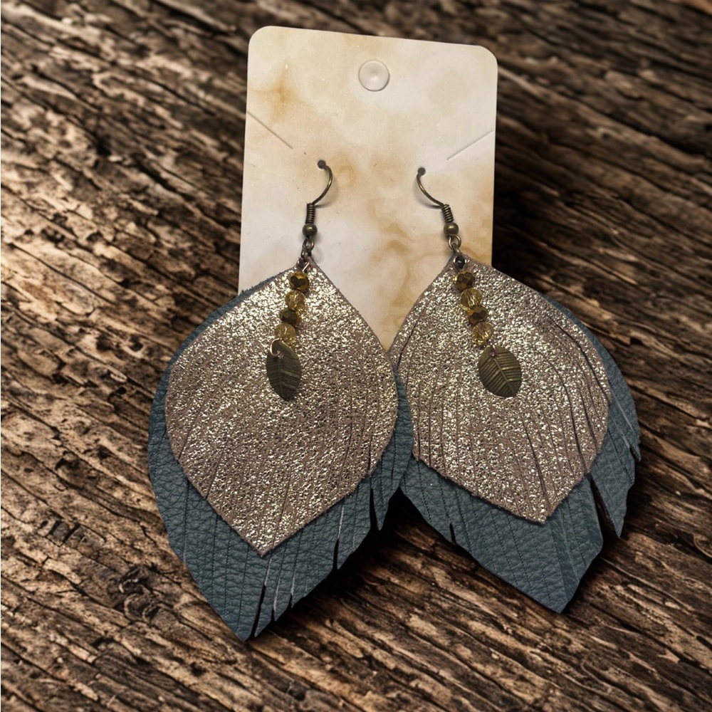 Elegant Gold and Green leather Earrings